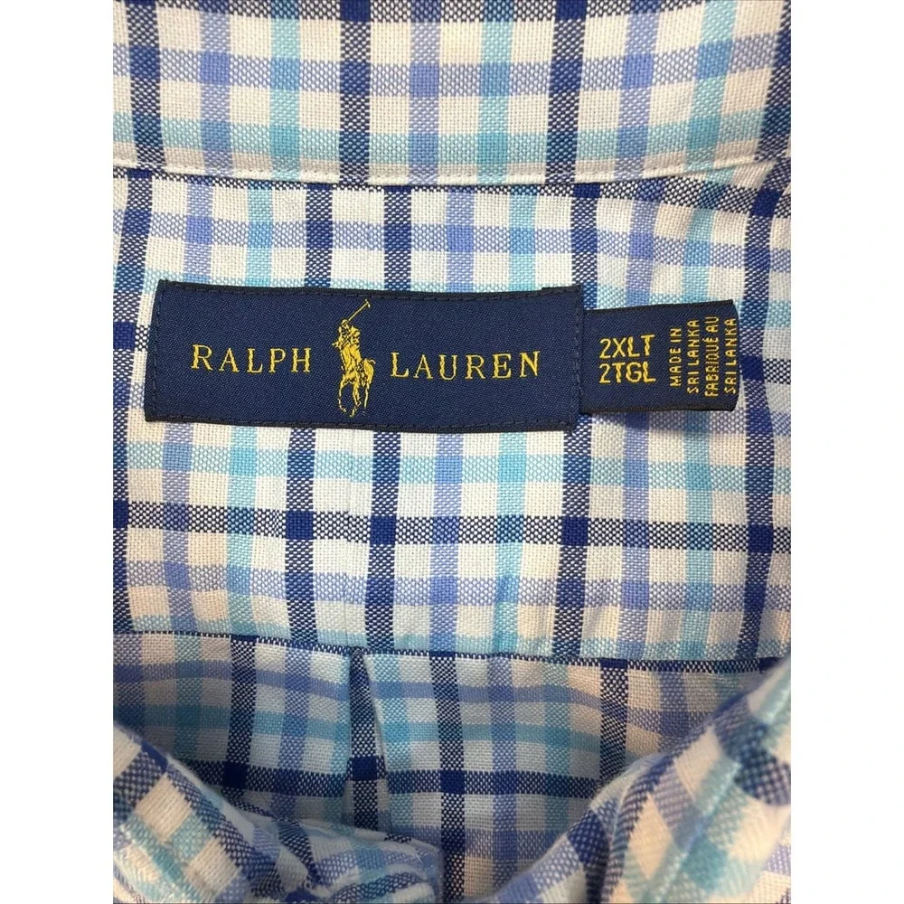 Polo Ralph Lauren Shirt Mens 2XLT Short Sleeve Oxford Blue Plaid Golf Business